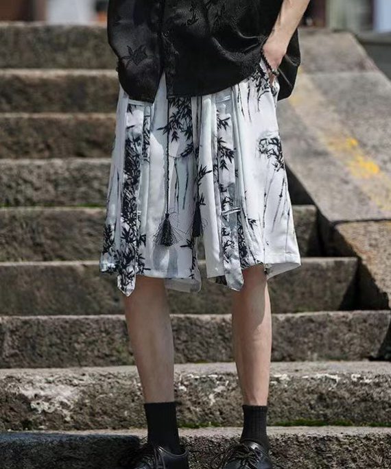 Loose White Pockets Print Ice Silk Mens Shorts Summer