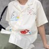 Loose White Print Button Cotton Shirt Men Summer