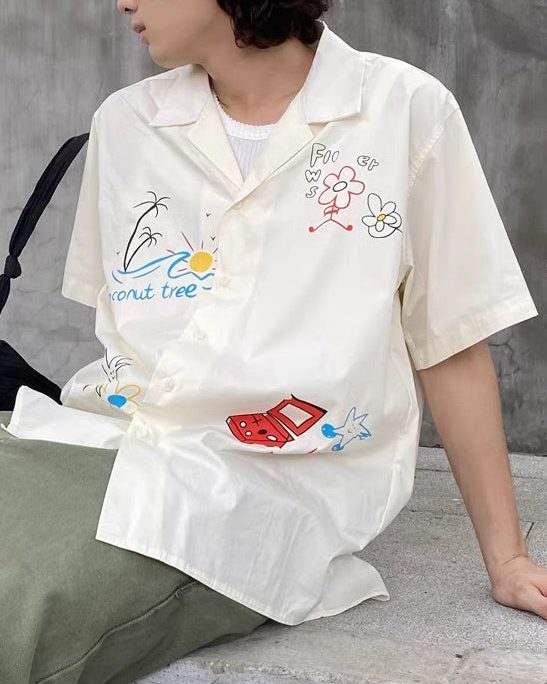 Loose White Print Button Cotton Shirt Men Summer