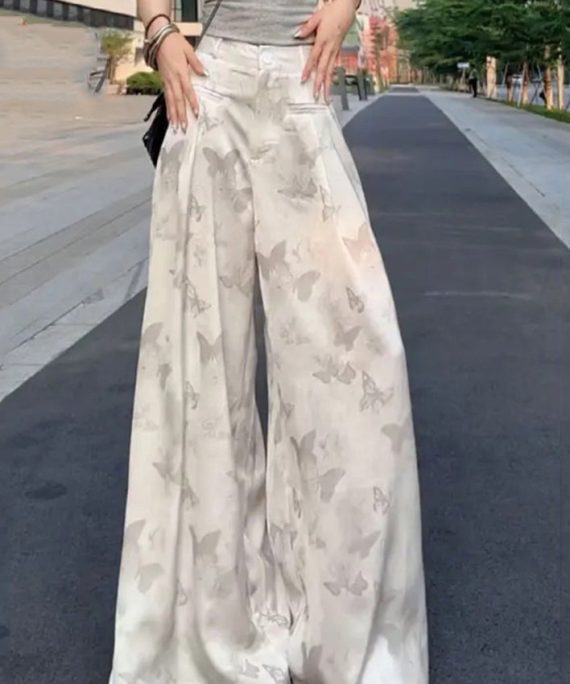Loose White Print High Waist Ice Silk Wide Leg Pants Summer