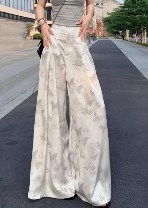 Loose White Print High Waist Ice Silk Wide Leg Pants Summer