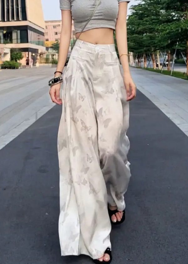 Loose White Print High Waist Ice Silk Wide Leg Pants Summer - Image 3