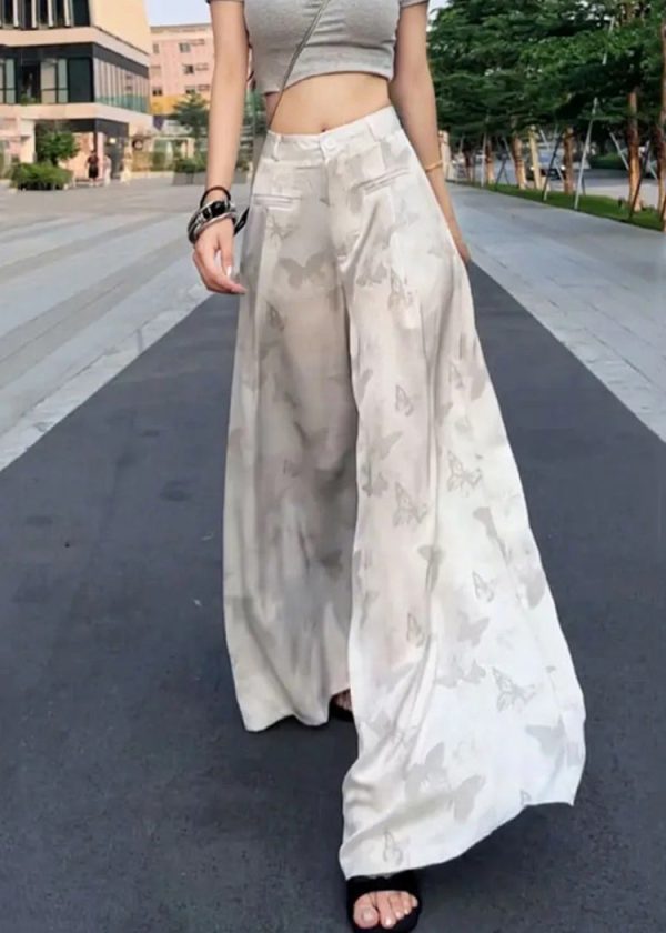 Loose White Print High Waist Ice Silk Wide Leg Pants Summer - Image 5