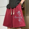 Loose Wine Red Embroideried Solid Cotton Mens Shorts Summer