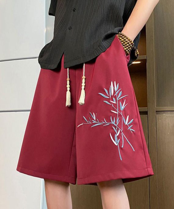 Loose Wine Red Embroideried Solid Cotton Mens Shorts Summer