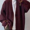 Loose Wine Red V Neck Button Knit Men Cardigan Spring