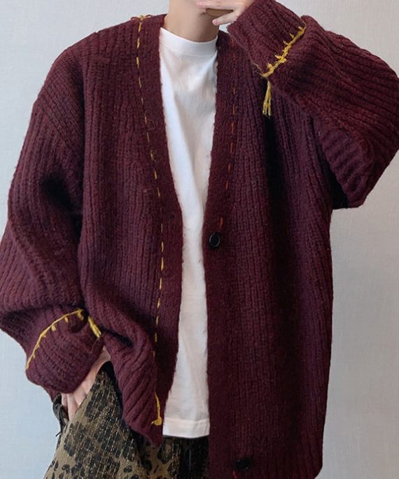 Loose Wine Red V Neck Button Knit Men Cardigan Spring
