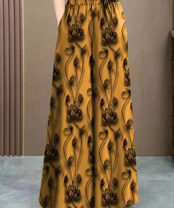 Loose Yellow Print Elastic Waist Ice Silk Pants Spring