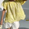 Loose Yellow Ruffled Embroidery Cotton T Shirts Puff Sleeve