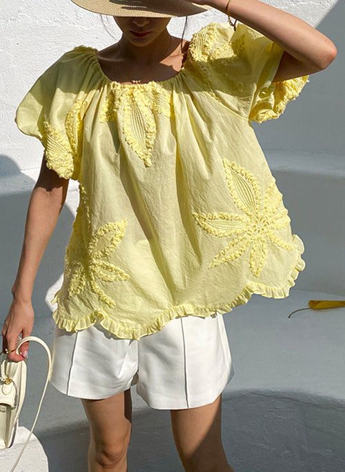 Loose Yellow Ruffled Embroidery Cotton T Shirts Puff Sleeve