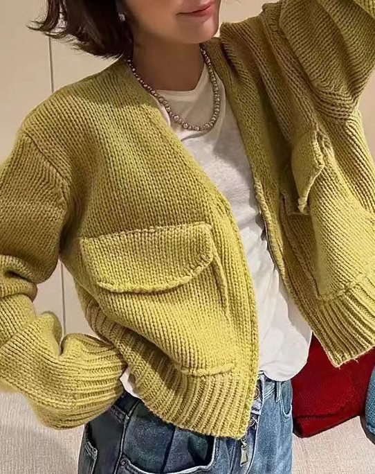Loose Yellow V Neck Zip Up Knit Sweaters Coat Fall