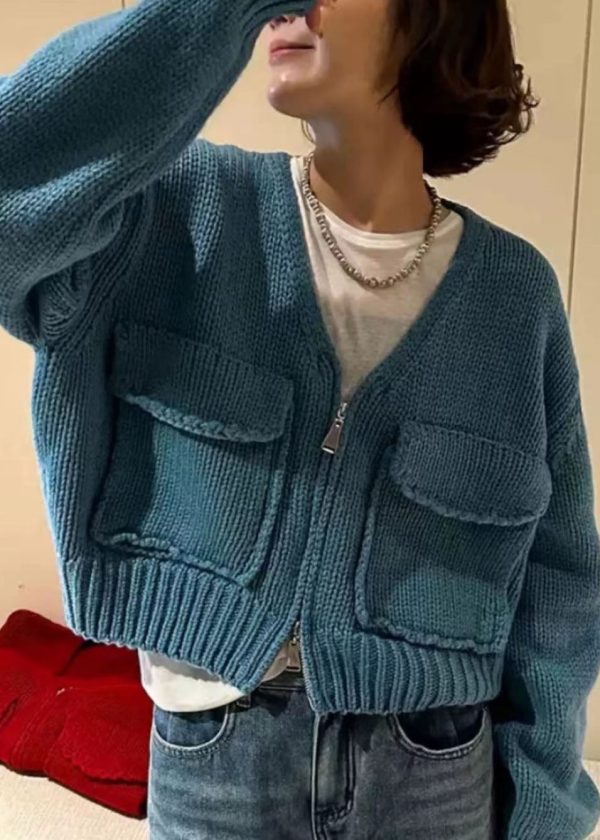 Loose Yellow V Neck Zip Up Knit Sweaters Coat Fall - Image 2