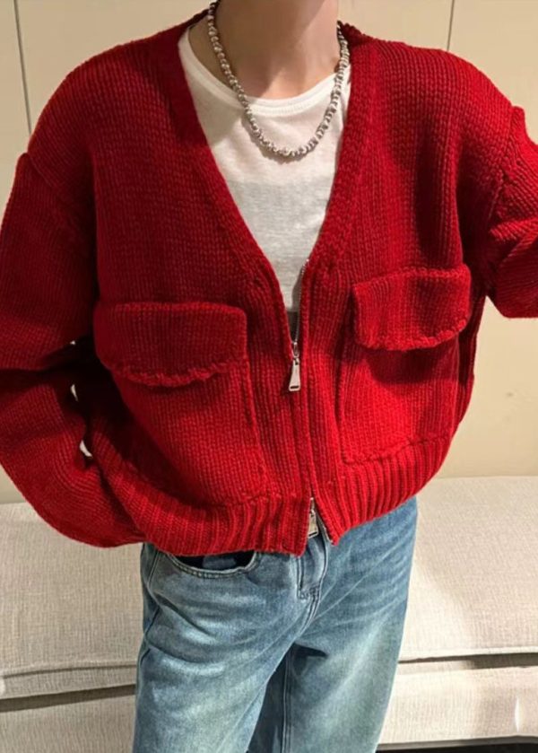 Loose Yellow V Neck Zip Up Knit Sweaters Coat Fall - Image 3
