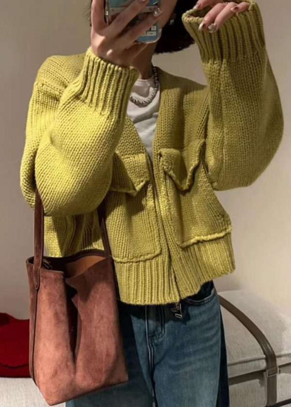 Loose Yellow V Neck Zip Up Knit Sweaters Coat Fall - Image 4
