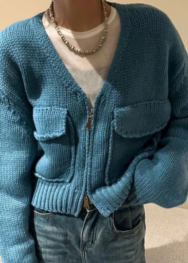 Loose Yellow V Neck Zip Up Knit Sweaters Coat Fall - Image 5