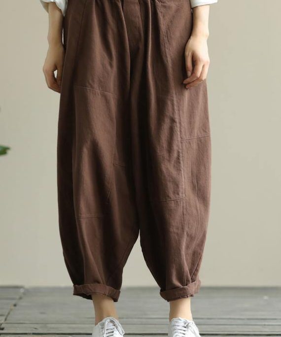 Loose brown plus size elastic waist harem pants