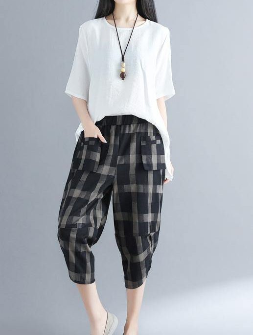 Loose cotton 18th Century Outfits black Plaid Traveling harem pants