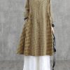 Loose lapel patchwork cotton Wardrobes Tunic Tops yellow plaid Dress