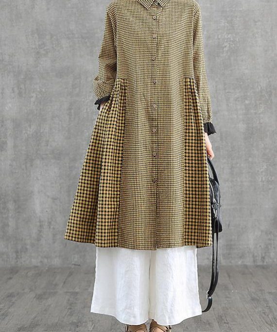 Loose lapel patchwork cotton Wardrobes Tunic Tops yellow plaid Dress