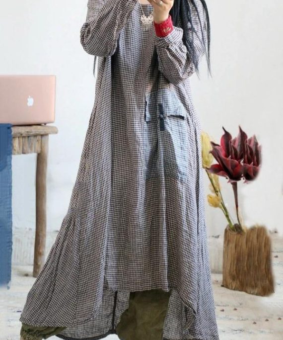 Loose o neck asymmetric cotton linen Soft Surroundings Wardrobes plaid Dress
