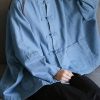 Loose stand collar Chinese Button clothes For Women Sleeve denim light blue shirts