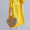 Loose yellow o neck cotton Tunics Cinched Maxi summer Dresses