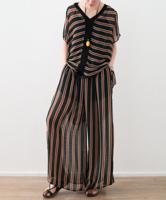 Loose yellow striped 2025 Ideas wide leg pants pockets long Summer pants