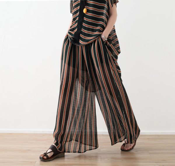 Loose yellow striped 2025 Ideas wide leg pants pockets long Summer pants - Image 2