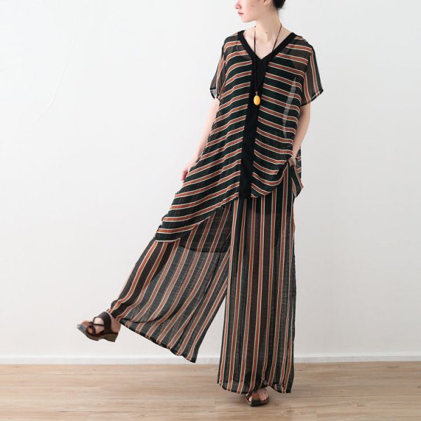 Loose yellow striped 2025 Ideas wide leg pants pockets long Summer pants - Image 3