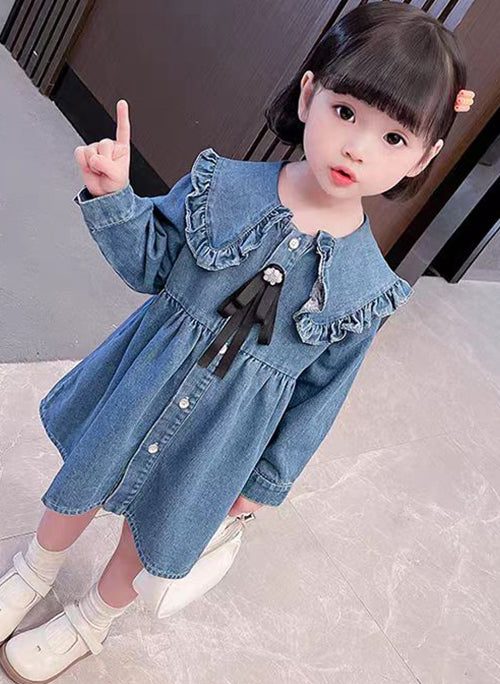 Lovely Blue Ruffled Button Shirt Girls Long Dress Long Sleeve