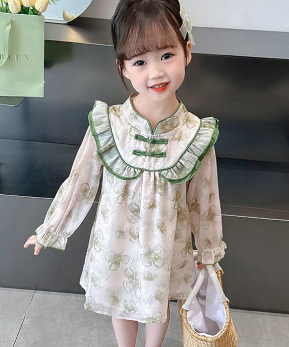 Lovely Green Ruffled Print Cotton Girls Dress Long Sleeve