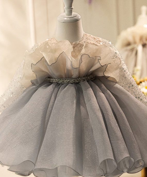 Lovely Grey Patchwork Sequins Tulle Girls Long Dress Spring