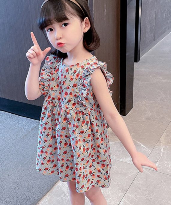 Lovely O-Neck Ruffled Print Kids Maxi Dress Summer
