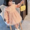 Lovely Pink Peter Pan Collar Dot Tulle Patchwork Kids Vacation Maxi Dresses Fall