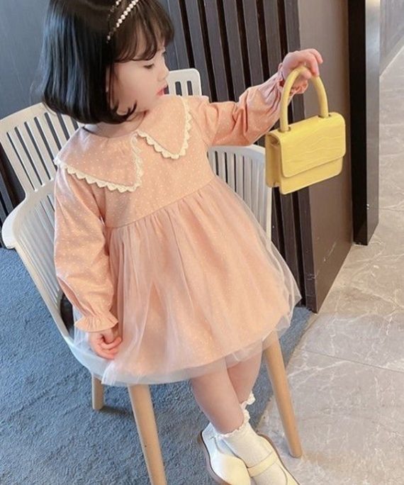 Lovely Pink Peter Pan Collar Dot Tulle Patchwork Kids Vacation Maxi Dresses Fall