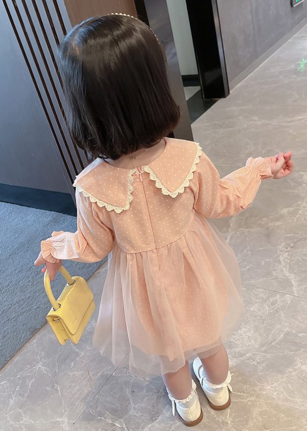 Lovely Pink Peter Pan Collar Dot Tulle Patchwork Kids Vacation Maxi Dresses Fall - Image 5