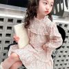 Lovely Pink Ruffled Print Cotton Girls Long Dress Fall