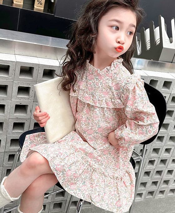 Lovely Pink Ruffled Print Cotton Girls Long Dress Fall