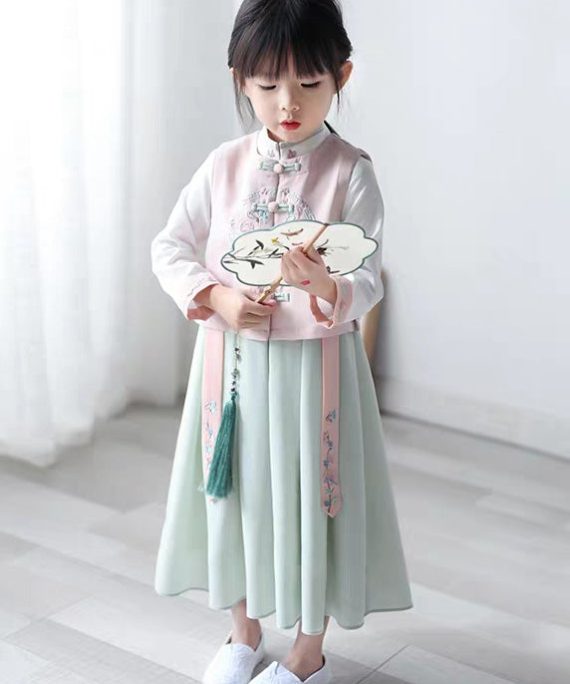 Lovely Pink Stand Collar Girls Waistcoat And Chiffon Long Dress Two Pieces Set Spring