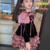 Lovely Purple Ruffled Patchwork Silk Velour Girls Mid Dress Spring