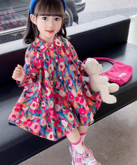 Lovely Rainbow Peter Pan Collar Print Kids Mid Dress Fall