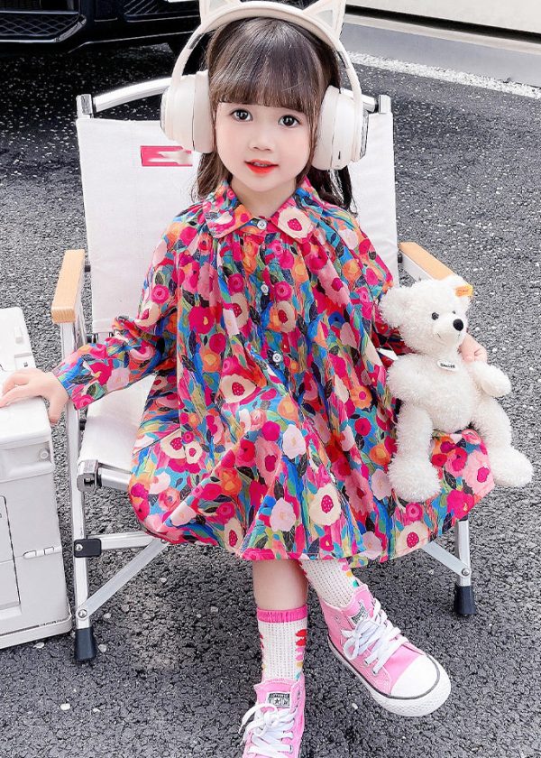 Lovely Rainbow Peter Pan Collar Print Kids Mid Dress Fall - Image 2
