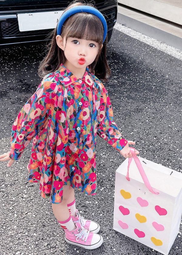 Lovely Rainbow Peter Pan Collar Print Kids Mid Dress Fall - Image 3