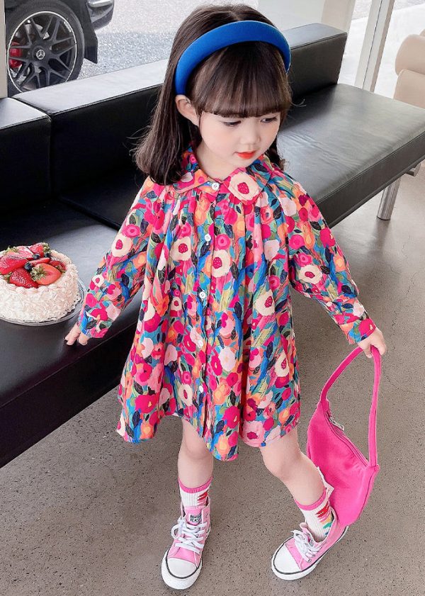 Lovely Rainbow Peter Pan Collar Print Kids Mid Dress Fall - Image 4