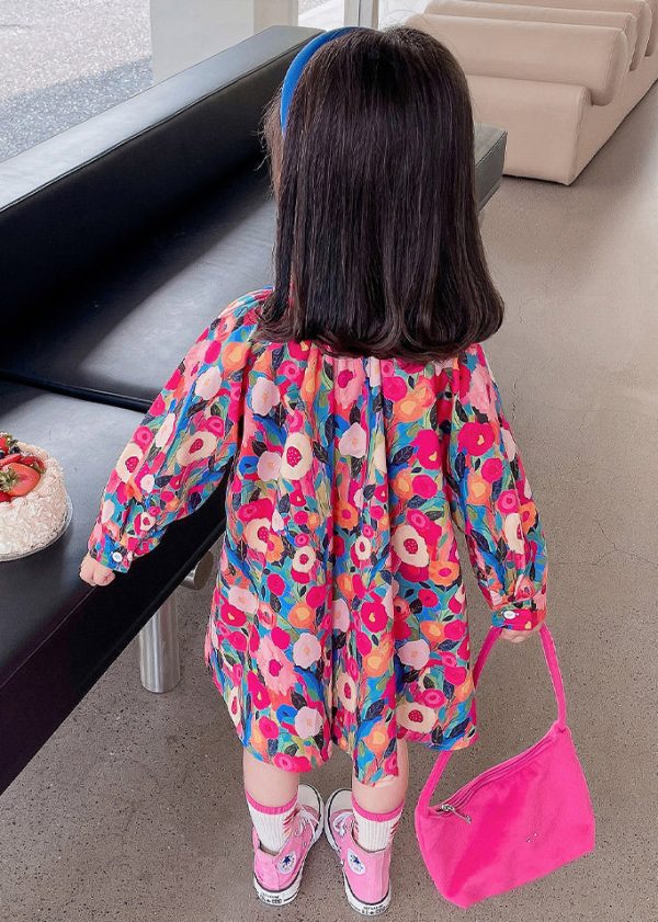 Lovely Rainbow Peter Pan Collar Print Kids Mid Dress Fall - Image 5