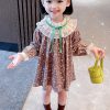 Lovely Ruffled Print Cotton Girls Mid Dress Long Sleeve