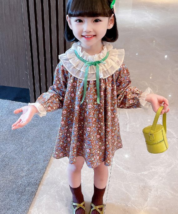 Lovely Ruffled Print Cotton Girls Mid Dress Long Sleeve