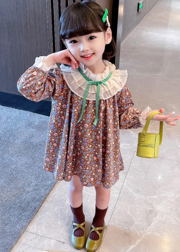 Lovely Ruffled Print Cotton Girls Mid Dress Long Sleeve - Image 3