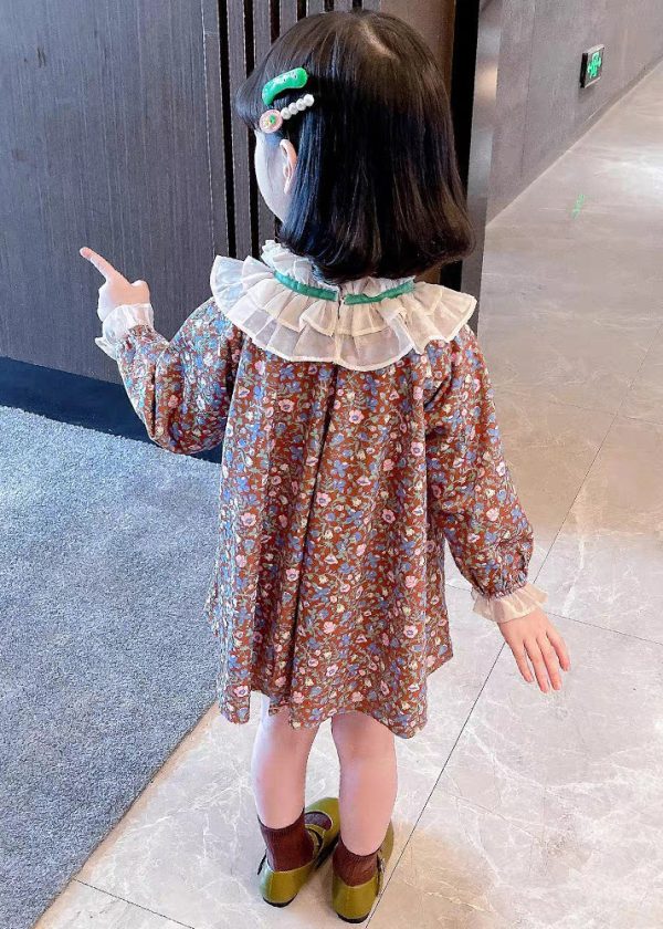 Lovely Ruffled Print Cotton Girls Mid Dress Long Sleeve - Image 5