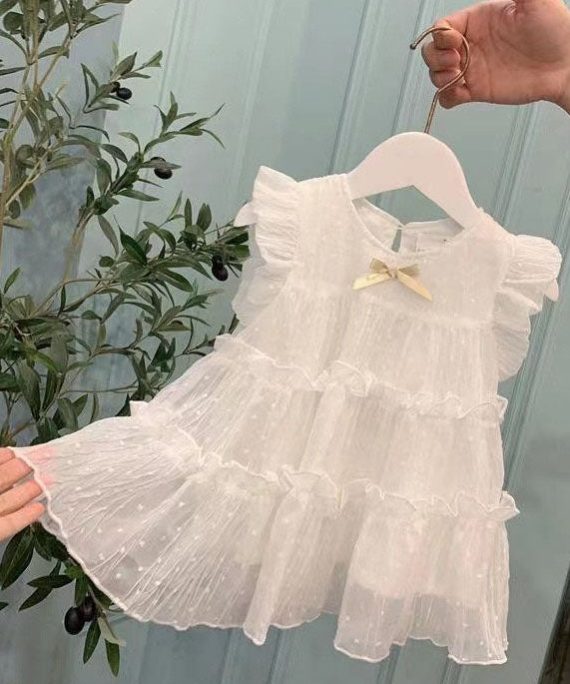 Lovely White Ruffled Patchwork Chiffon Kids Girls Long Dresses Summer